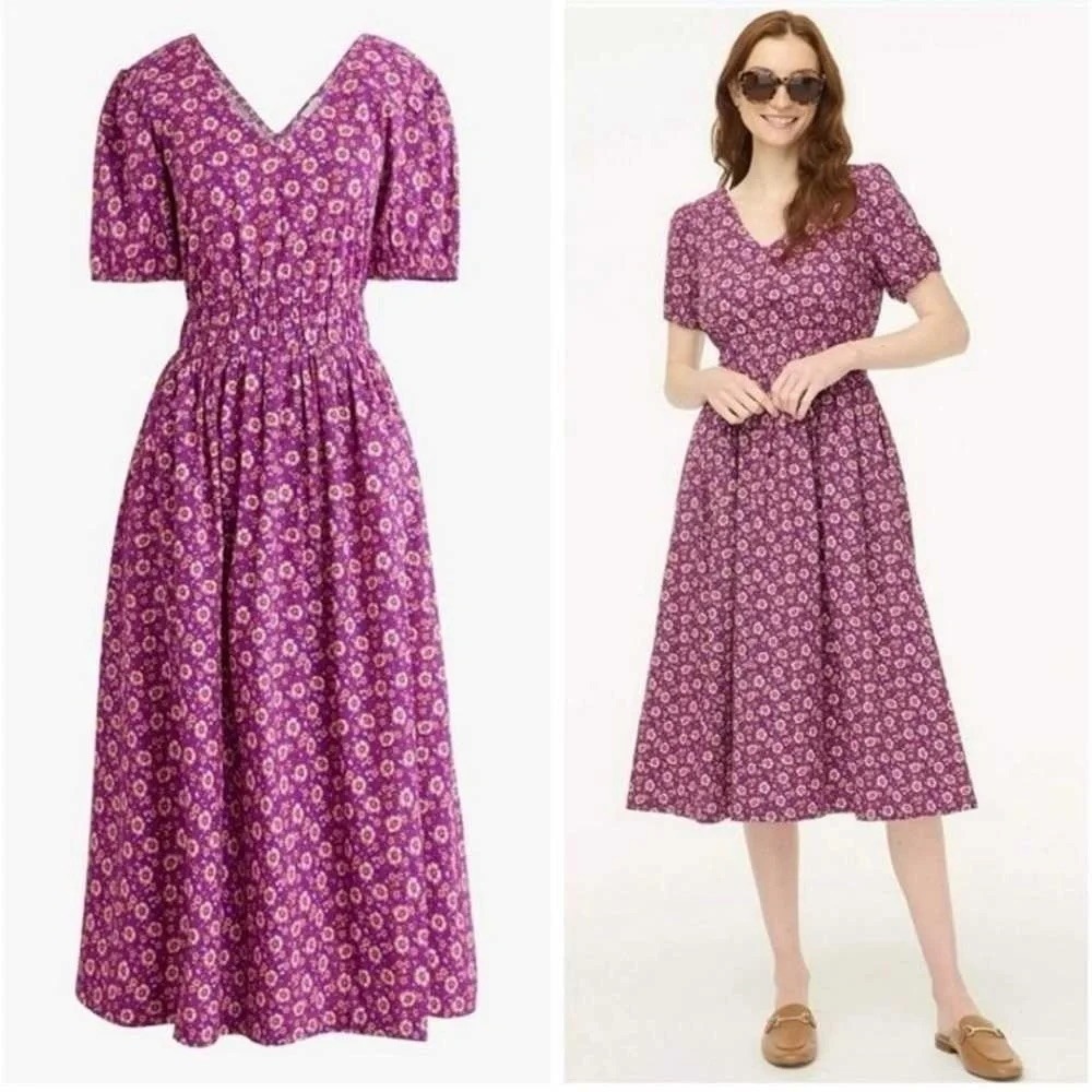 J.Crew Purple Floral Smocked Waist V-Neck Midi Dress C1209 Womens 10 Purple